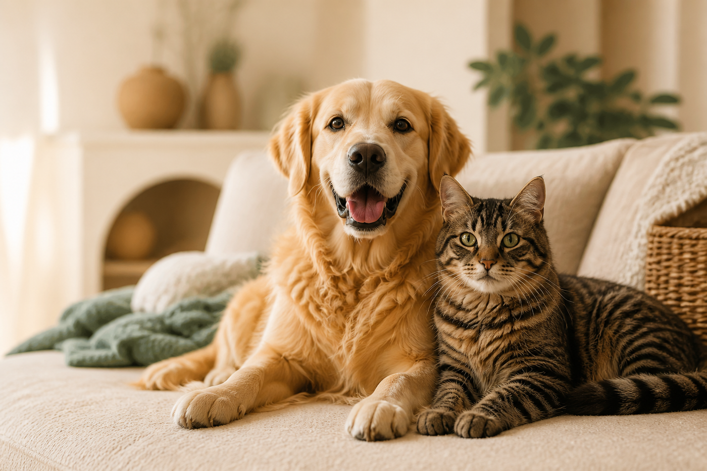 Un golden retriever et un chat tigré dans un intérieur chaleureux