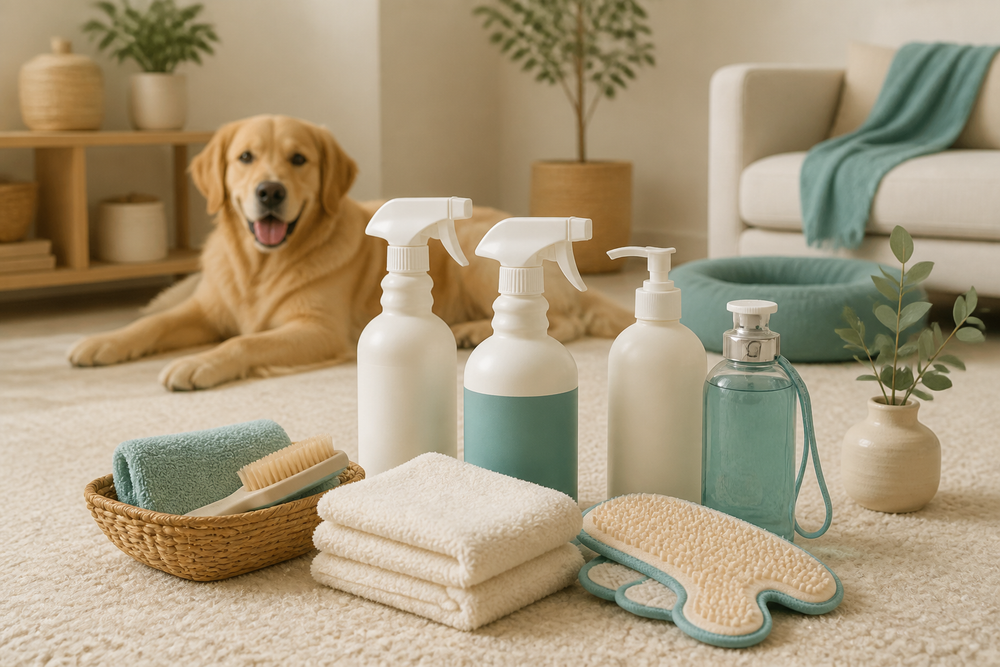 Routine maison PATTEVIA avec produits de soin et chien