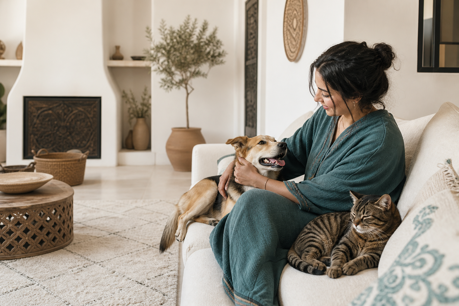 Femme profitant d’un moment calme avec son chien et son chat dans un salon marocain
